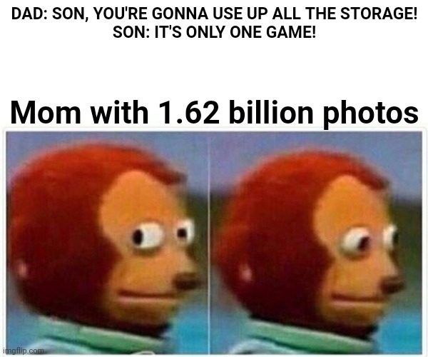 What is it with moms and photos? | DAD: SON, YOU'RE GONNA USE UP ALL THE STORAGE!

SON: IT'S ONLY ONE GAME! Mom with 1.62 billion photos | image tagged in memes,monkey puppet,moms,photos,storage | made w/ Imgflip meme maker