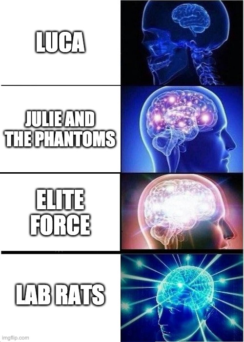 Expanding Brain Meme | LUCA; JULIE AND THE PHANTOMS; ELITE FORCE; LAB RATS | image tagged in memes,expanding brain | made w/ Imgflip meme maker
