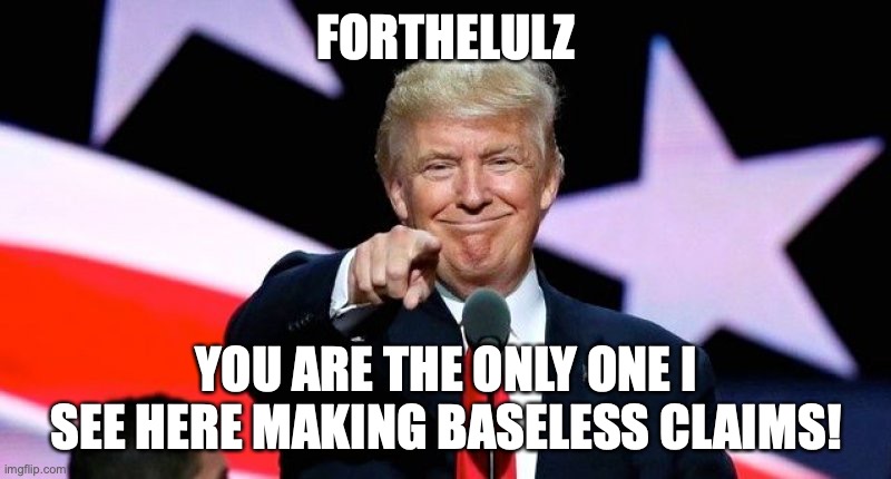 Donald Trump pointing at you. | FORTHELULZ YOU ARE THE ONLY ONE I SEE HERE MAKING BASELESS CLAIMS! | image tagged in donald trump pointing at you | made w/ Imgflip meme maker