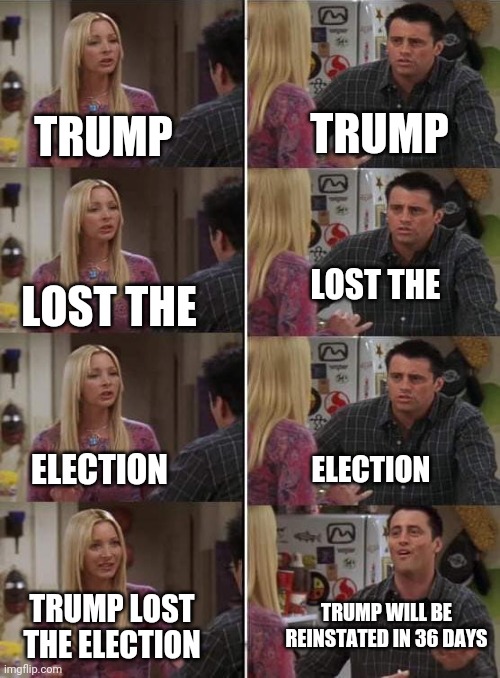 Phoebe teaching Joey in Friends | TRUMP; TRUMP; LOST THE; LOST THE; ELECTION; ELECTION; TRUMP WILL BE REINSTATED IN 36 DAYS; TRUMP LOST THE ELECTION | image tagged in phoebe teaching joey in friends | made w/ Imgflip meme maker