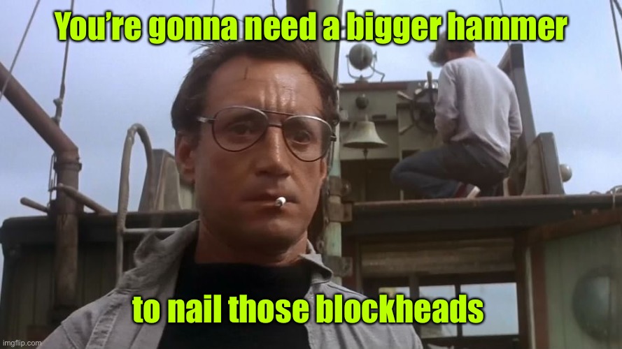 Going to need a bigger boat | You’re gonna need a bigger hammer to nail those blockheads | image tagged in going to need a bigger boat | made w/ Imgflip meme maker