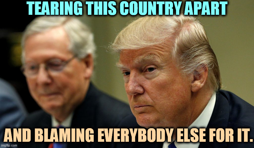 Republican divisiveness and contempt for the will of the people. | TEARING THIS COUNTRY APART; AND BLAMING EVERYBODY ELSE FOR IT. | image tagged in trump mcconnell,trump,mitch mcconnell,hate,democracy | made w/ Imgflip meme maker
