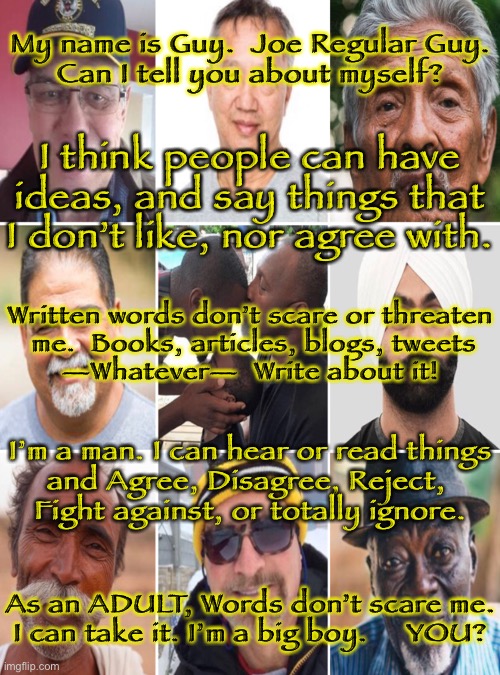 Sticks and stones may break my bones | My name is Guy.  Joe Regular Guy.
Can I tell you about myself? I think people can have ideas, and say things that I don’t like, nor agree with. Written words don’t scare or threaten
 me.  Books, articles, blogs, tweets
—Whatever—  Write about it! I’m a man. I can hear or read things
and Agree, Disagree, Reject, 
Fight against, or totally ignore. As an ADULT, Words don’t scare me.
I can take it. I’m a big boy.     YOU? | image tagged in burning books,banning some,cancel culture,toddlers afraid of words,children plug their ears,you dont hear you dont consider | made w/ Imgflip meme maker