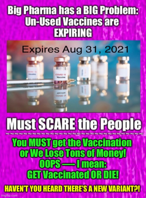 The corrected version | You MUST get the Vaccination 
or We Lose Tons of Money!
OOPS —- I mean:
GET Vaccinated OR DIE! HAVEN’T YOU HEARD THERE’S A NEW VARIANT?! | image tagged in scamdemic,con vid,biden hates america,fauci and gates get rrrichh,must sell more vax,dems are marxists | made w/ Imgflip meme maker