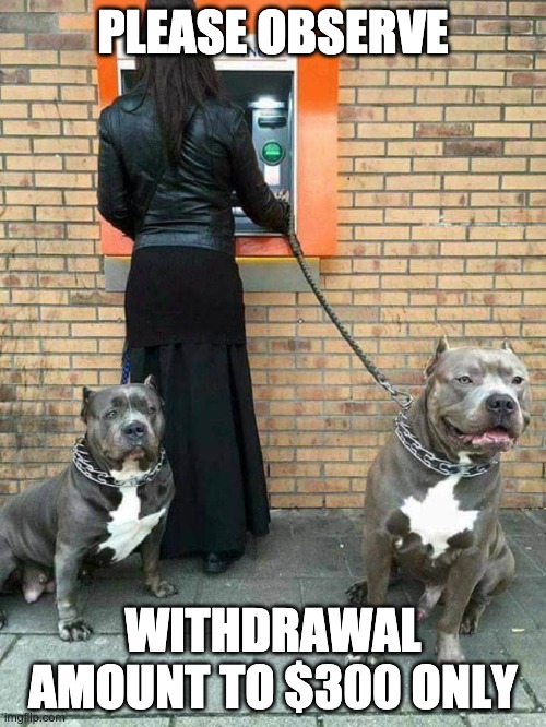 ATM Withdrawal | PLEASE OBSERVE; WITHDRAWAL AMOUNT TO $300 ONLY | image tagged in guard dogs at atm,atm | made w/ Imgflip meme maker
