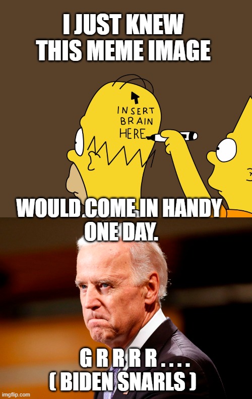 Retirement Joe | I JUST KNEW THIS MEME IMAGE; WOULD COME IN HANDY
 ONE DAY. G R R R R . . . .
( BIDEN SNARLS ) | image tagged in biden,liberals,democrats,trump,2020,kamala | made w/ Imgflip meme maker