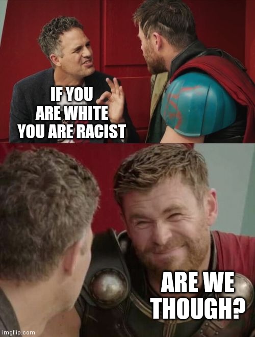 Is it though | IF YOU ARE WHITE YOU ARE RACIST ARE WE THOUGH? | image tagged in is it though | made w/ Imgflip meme maker