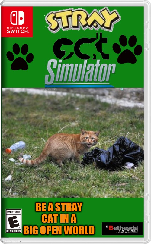 A GAME FOR ALL CAT LOVERS | BE A STRAY CAT IN A BIG OPEN WORLD | image tagged in nintendo switch,cats,bethesda,cat game,fake switch games | made w/ Imgflip meme maker
