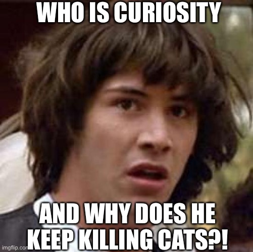 Conspiracy Keanu | WHO IS CURIOSITY; AND WHY DOES HE KEEP KILLING CATS?! | image tagged in memes,conspiracy keanu | made w/ Imgflip meme maker