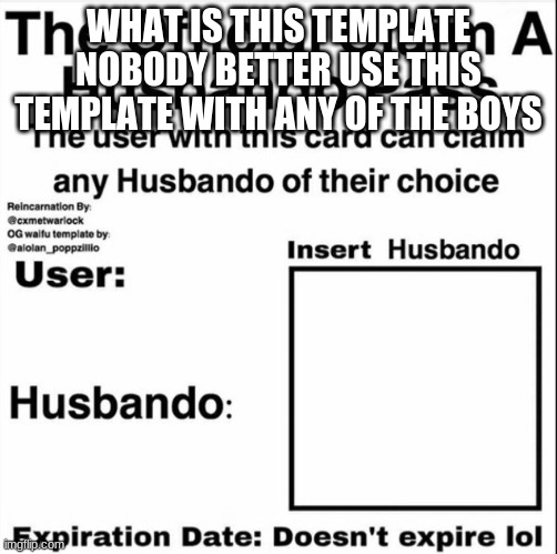 Claim a Husbando Pass | WHAT IS THIS TEMPLATE
NOBODY BETTER USE THIS TEMPLATE WITH ANY OF THE BOYS | image tagged in claim a husbando pass | made w/ Imgflip meme maker