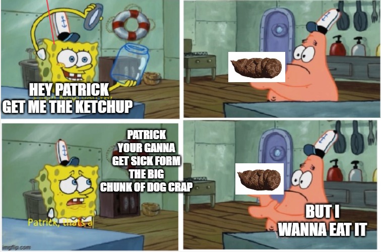Patrick thats a | HEY PATRICK GET ME THE KETCHUP; PATRICK YOUR GANNA GET SICK FORM THE BIG CHUNK OF DOG CRAP; BUT I WANNA EAT IT | image tagged in patrick thats a | made w/ Imgflip meme maker