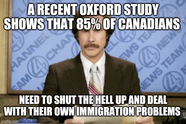 Ron Burgundy | A RECENT OXFORD STUDY SHOWS THAT 85% OF CANADIANS; NEED TO SHUT THE HELL UP AND DEAL WITH THEIR OWN IMMIGRATION PROBLEMS | image tagged in memes,ron burgundy | made w/ Imgflip meme maker