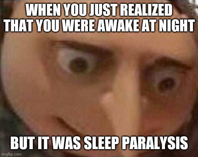 gru meme | WHEN YOU JUST REALIZED THAT YOU WERE AWAKE AT NIGHT; BUT IT WAS SLEEP PARALYSIS | image tagged in gru meme | made w/ Imgflip meme maker