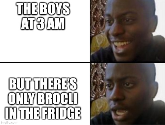 Oh yeah! Oh no... | THE BOYS AT 3 AM; BUT THERE’S ONLY BROCLI  IN THE FRIDGE | image tagged in oh yeah oh no | made w/ Imgflip meme maker