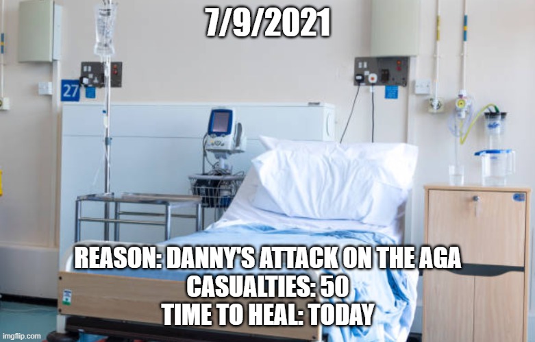 Hospital room | 7/9/2021; REASON: DANNY'S ATTACK ON THE AGA
CASUALTIES: 50
TIME TO HEAL: TODAY | image tagged in hospital room | made w/ Imgflip meme maker