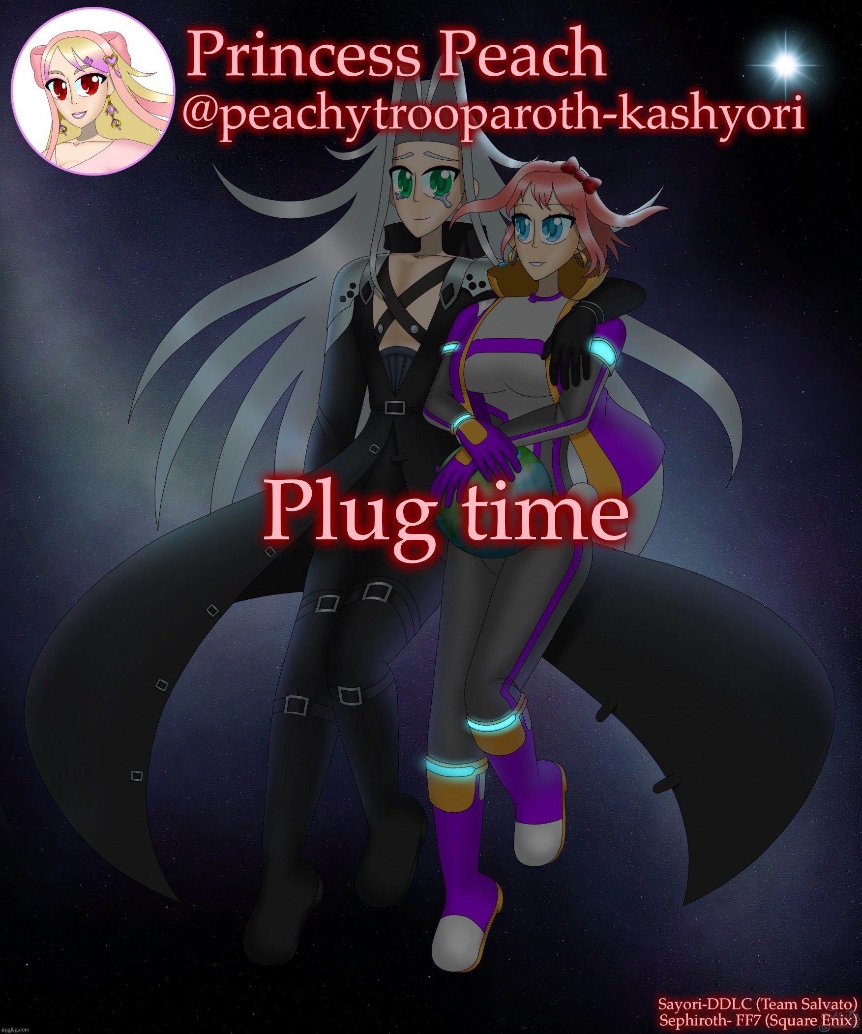Sayori and Sephiroth | Plug time | image tagged in sayori and sephiroth | made w/ Imgflip meme maker