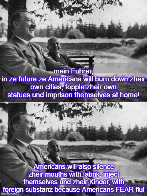 Hitler is told about future America | mein Führer,
in ze future ze Americans will burn down zheir own cities, topple zheir own statues und imprison themselves at home! Americans will also silence zheir mouths with fabrik, inject themselves und zheir Kinder, with foreign substanz because Americans FEAR flu! | image tagged in hitler,americans,2021,covid,future,nazi | made w/ Imgflip meme maker