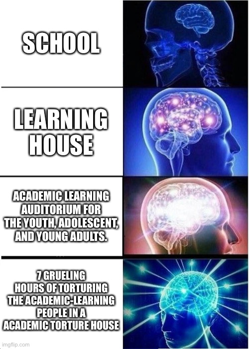 School be like: | SCHOOL; LEARNING HOUSE; ACADEMIC LEARNING AUDITORIUM FOR THE YOUTH, ADOLESCENT, AND YOUNG ADULTS. 7 GRUELING HOURS OF TORTURING THE ACADEMIC-LEARNING PEOPLE IN A ACADEMIC TORTURE HOUSE | image tagged in memes,expanding brain,school memes,funny memes,funny,school | made w/ Imgflip meme maker