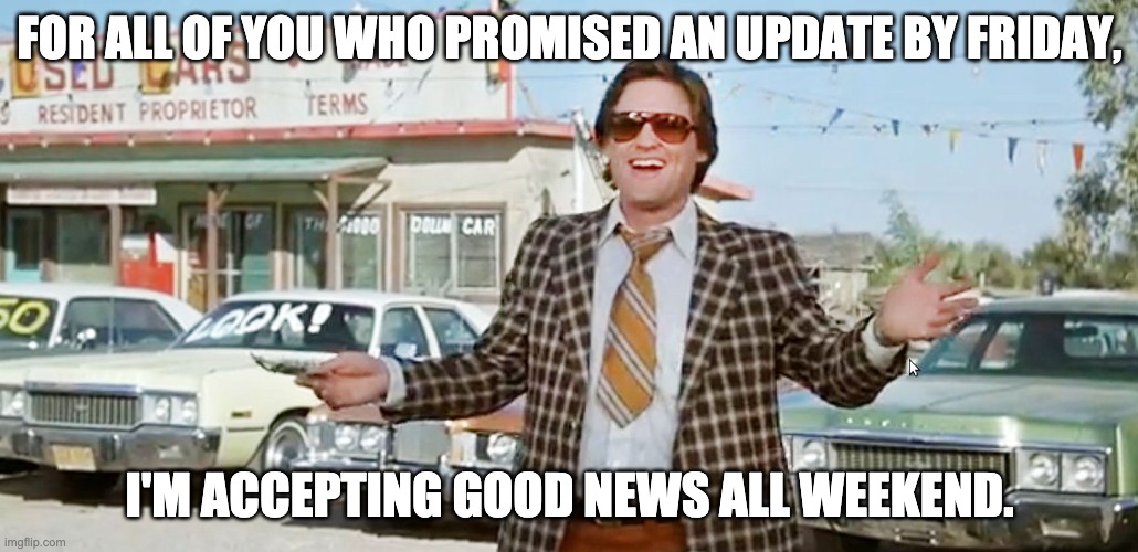 Sales Humor | FOR ALL OF YOU WHO PROMISED AN UPDATE BY FRIDAY, I'M ACCEPTING GOOD NEWS ALL WEEKEND. | image tagged in used car salesman | made w/ Imgflip meme maker