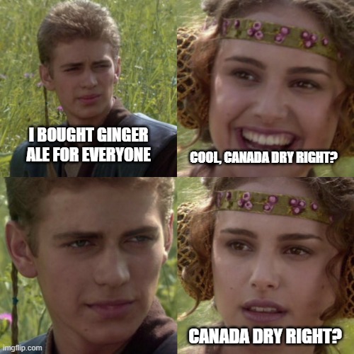 For the better right blank | I BOUGHT GINGER ALE FOR EVERYONE; COOL, CANADA DRY RIGHT? CANADA DRY RIGHT? | image tagged in for the better right blank,meirl | made w/ Imgflip meme maker