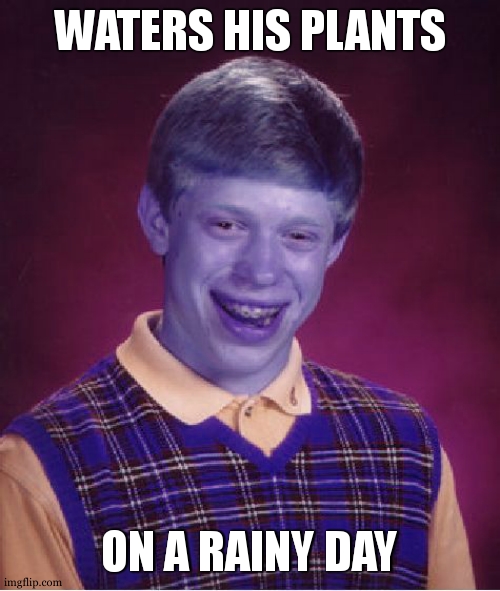 Bad Luck Brian Meme | WATERS HIS PLANTS; ON A RAINY DAY | image tagged in memes,bad luck brian | made w/ Imgflip meme maker