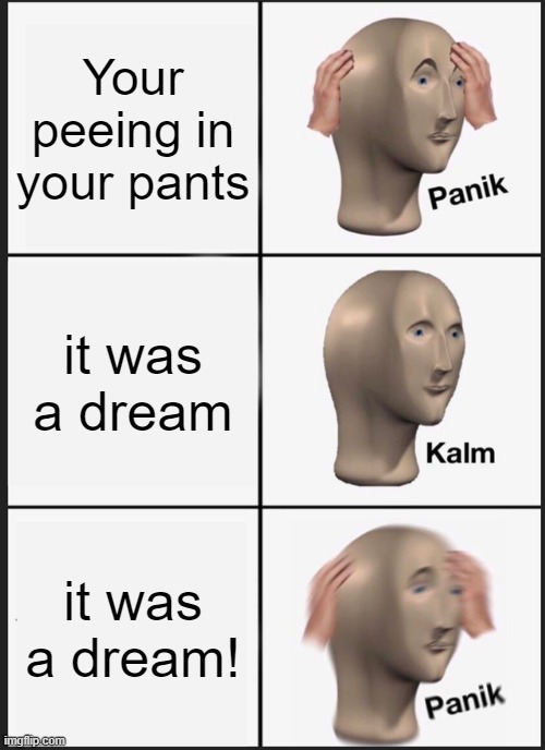 Panik Kalm Panik | Your peeing in your pants; it was a dream; it was a dream! | image tagged in memes,panik kalm panik | made w/ Imgflip meme maker