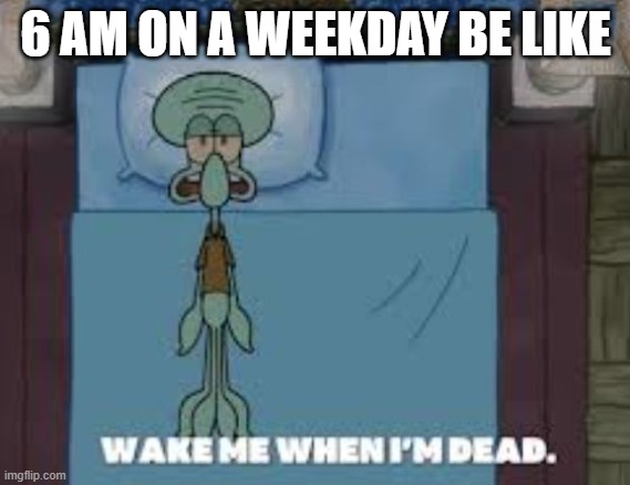 Squidward wake me when I'm dead | 6 AM ON A WEEKDAY BE LIKE | image tagged in squidward wake me when i'm dead | made w/ Imgflip meme maker