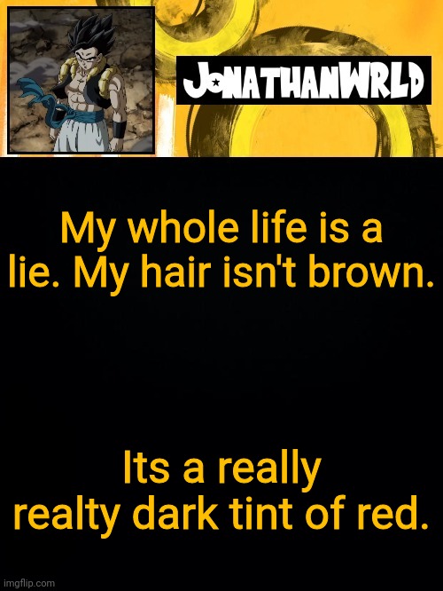 My whole life is a lie. My hair isn't brown. Its a really realty dark tint of red. | image tagged in jonathan's wrld | made w/ Imgflip meme maker