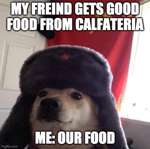 Russian Doge | MY FREIND GETS GOOD FOOD FROM CALFATERIA; ME: OUR FOOD | image tagged in russian doge | made w/ Imgflip meme maker