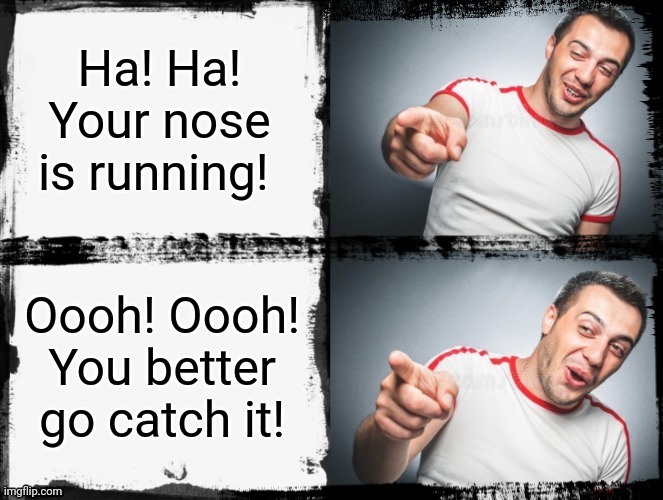 Dude pointing and laughing | Ha! Ha! Your nose is running! Oooh! Oooh!
You better go catch it! | image tagged in dude pointing and laughing,dad jokes,sickness,elementary | made w/ Imgflip meme maker