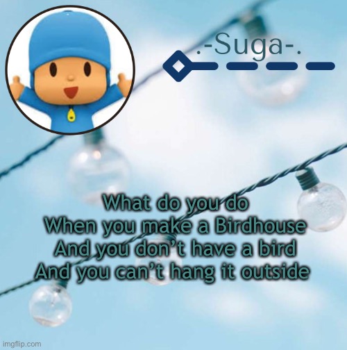 Pocoyo | What do you do
When you make a Birdhouse
And you don’t have a bird
And you can’t hang it outside | image tagged in pocoyo | made w/ Imgflip meme maker