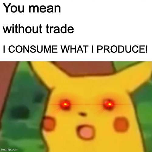 Surprised Pikachu | You mean; without trade; I CONSUME WHAT I PRODUCE! | image tagged in memes,surprised pikachu | made w/ Imgflip meme maker