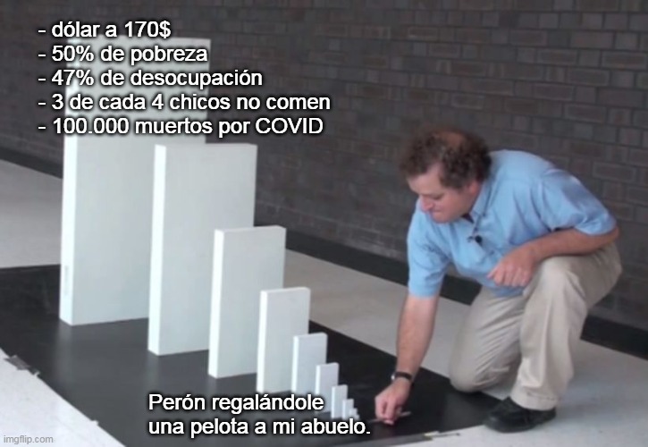 Domino Effect | - dólar a 170$
- 50% de pobreza
- 47% de desocupación
- 3 de cada 4 chicos no comen
- 100.000 muertos por COVID; Perón regalándole una pelota a mi abuelo. | image tagged in domino effect,argentina | made w/ Imgflip meme maker