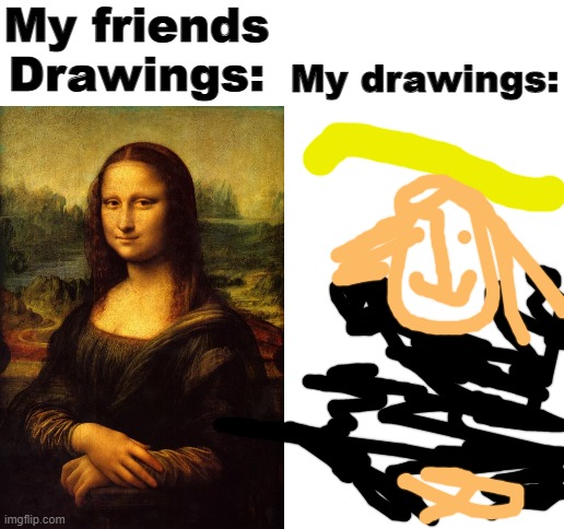 My art teacher quiet after seeing me draw | My friends Drawings:; My drawings: | image tagged in blank white template,memes,funny,fun,bruh,my drawings | made w/ Imgflip meme maker