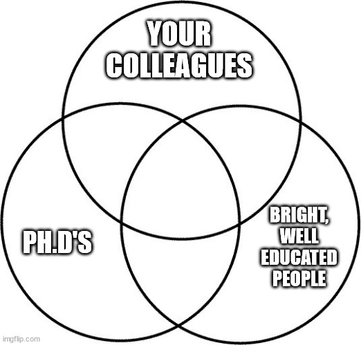 Venn diagram | YOUR COLLEAGUES; BRIGHT, WELL EDUCATED PEOPLE; PH.D'S | image tagged in venn diagram | made w/ Imgflip meme maker