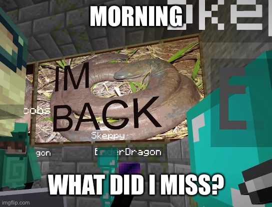 I'm back | MORNING; WHAT DID I MISS? | image tagged in i'm back | made w/ Imgflip meme maker
