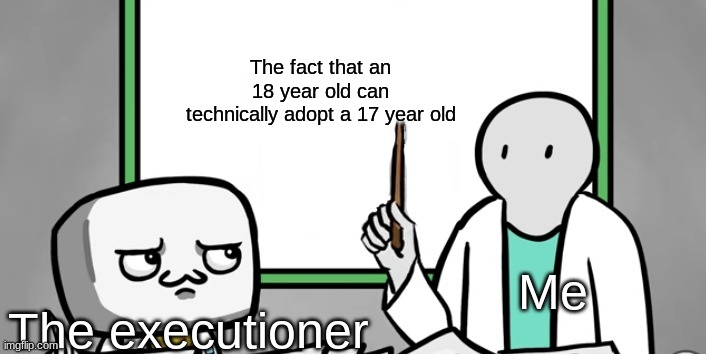 The Rubber Whiteboard | The fact that an 18 year old can technically adopt a 17 year old; Me; The executioner | image tagged in the rubber whiteboard | made w/ Imgflip meme maker