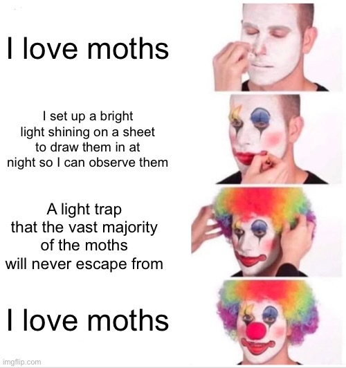 Clown Applying Makeup Meme | I love moths; I set up a bright light shining on a sheet to draw them in at night so I can observe them; A light trap that the vast majority of the moths will never escape from; I love moths | image tagged in memes,clown applying makeup | made w/ Imgflip meme maker