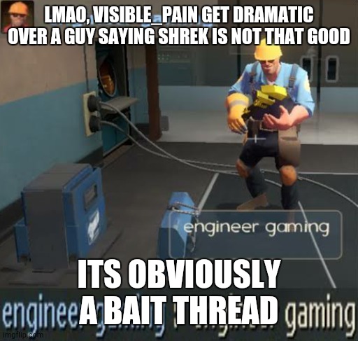 engineer gaming | LMAO, VISIBLE_PAIN GET DRAMATIC OVER A GUY SAYING SHREK IS NOT THAT GOOD; ITS OBVIOUSLY A BAIT THREAD | image tagged in engineer gaming | made w/ Imgflip meme maker