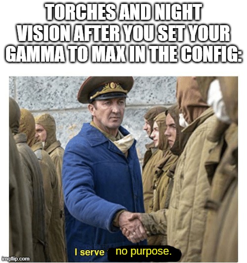 i serve no purpose | TORCHES AND NIGHT VISION AFTER YOU SET YOUR GAMMA TO MAX IN THE CONFIG: | image tagged in i serve no purpose | made w/ Imgflip meme maker
