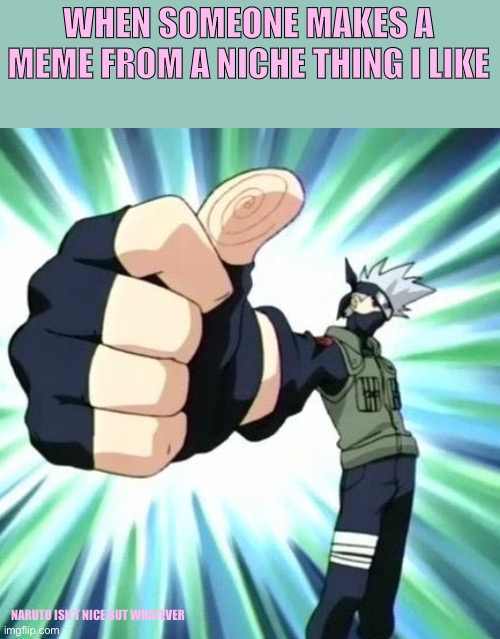 Day24 of making memes from photos of characters I love until I love myself | WHEN SOMEONE MAKES A MEME FROM A NICHE THING I LIKE; NARUTO ISN’T NICE BUT WHATEVER | image tagged in naruto,kakashi | made w/ Imgflip meme maker