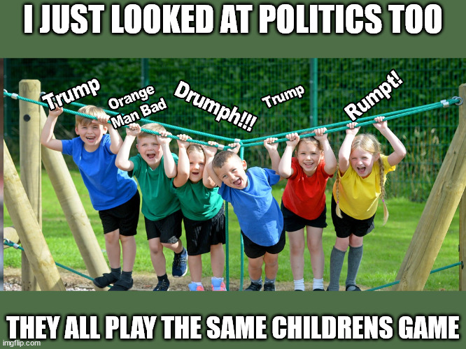 Ptoo | I JUST LOOKED AT POLITICS TOO; THEY ALL PLAY THE SAME CHILDRENS GAME | image tagged in politics | made w/ Imgflip meme maker