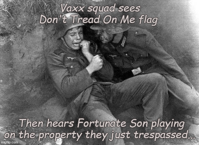 Crying Nazi | Vaxx squad sees Don't Tread On Me flag; Then hears Fortunate Son playing on the property they just trespassed... | image tagged in crying nazi | made w/ Imgflip meme maker