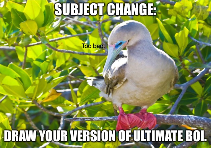 Too bad booby | SUBJECT CHANGE:; DRAW YOUR VERSION OF ULTIMATE BOI. | image tagged in too bad booby | made w/ Imgflip meme maker