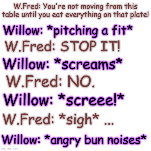 PFFT- (this is why Fredboi doesn't babysit Will when Bun has to leave) | W.Fred: You're not moving from this table until you eat everything on that plate! Willow: *pitching a fit*; W.Fred: STOP IT! Willow: *screams*; W.Fred: NO. Willow: *screee!*; W.Fred: *sigh* ... Willow: *angry bun noises* | image tagged in memes,blank transparent square | made w/ Imgflip meme maker