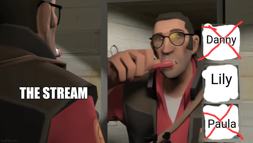 Sniper list | Danny; Lily; THE STREAM; Paula | image tagged in sniper list | made w/ Imgflip meme maker