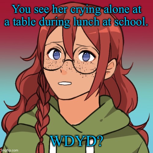 Not very original but I’m bored. New OC Aeryn! | You see her crying alone at a table during lunch at school. WDYD? | image tagged in roleplaying | made w/ Imgflip meme maker