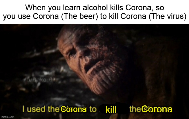 I used the stones to destroy the stones | When you learn alcohol kills Corona, so you use Corona (The beer) to kill Corona (The virus); Corona; kill; Corona | image tagged in i used the stones to destroy the stones | made w/ Imgflip meme maker