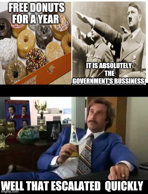 That escalated  quickly | FREE DONUTS FOR A YEAR; IT IS ABSOLUTELY  THE GOVERNMENT'S BUSSINESS; WELL THAT ESCALATED  QUICKLY | made w/ Imgflip meme maker