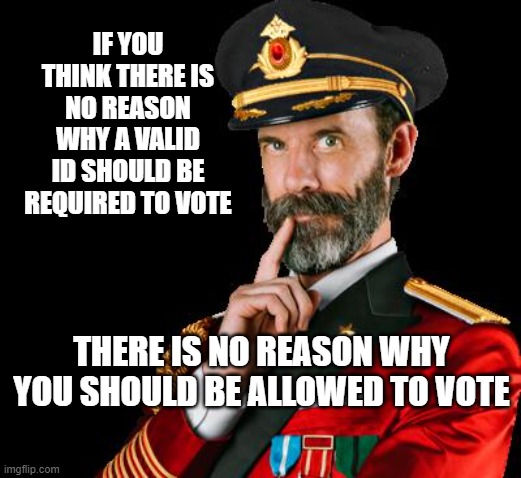 captain obvious | IF YOU THINK THERE IS NO REASON WHY A VALID ID SHOULD BE REQUIRED TO VOTE; THERE IS NO REASON WHY YOU SHOULD BE ALLOWED TO VOTE | image tagged in captain obvious | made w/ Imgflip meme maker